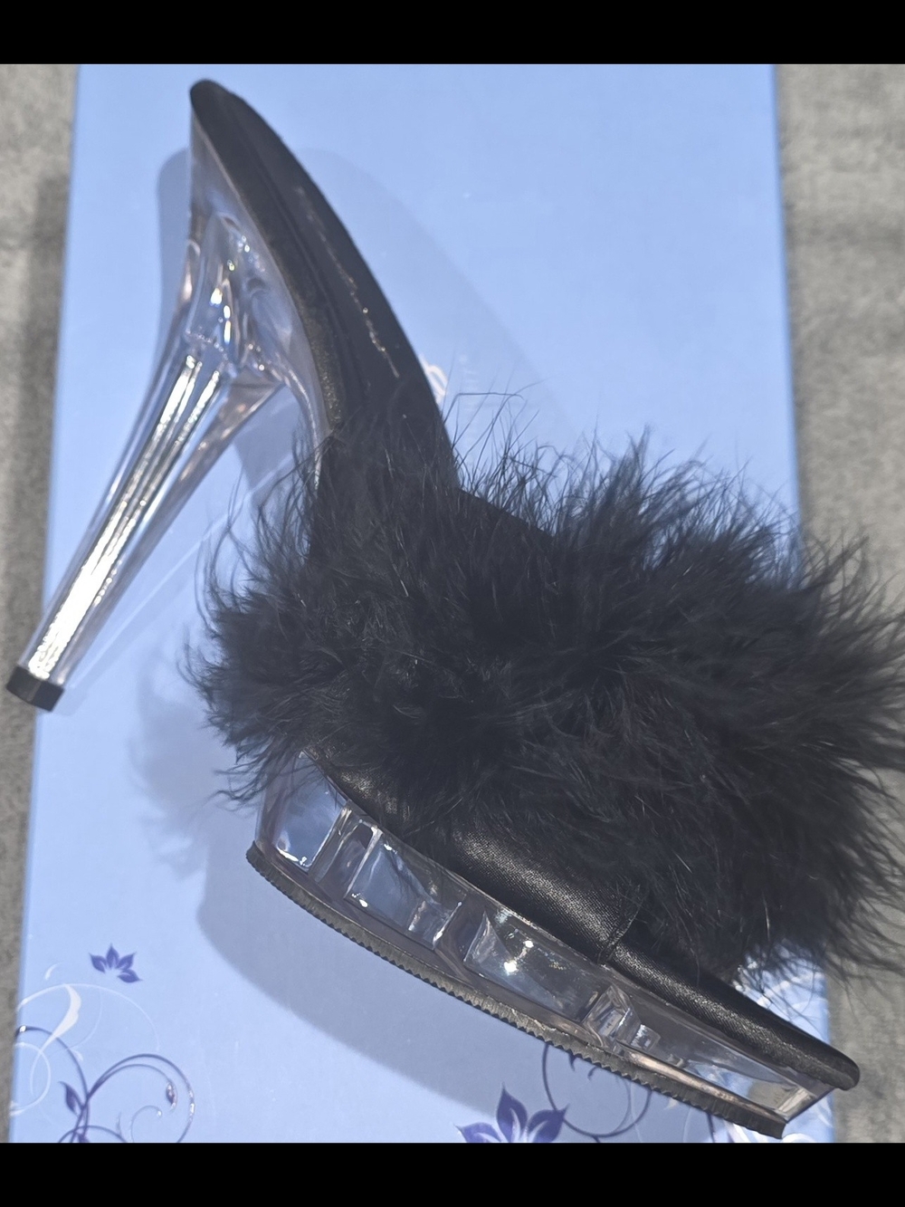 Women's Black Fur-trim “Poofy Heel” Clear Heel Mules